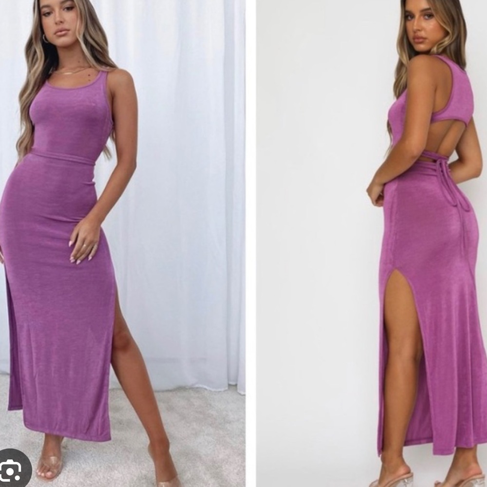 WHITE FOX purple sheer maxi dress with open back, side slits and wrap around tie